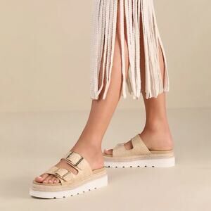 Madden Girl Mythicall Slide Sandals Size 10 Natural Raffia Buckle Platform Mule